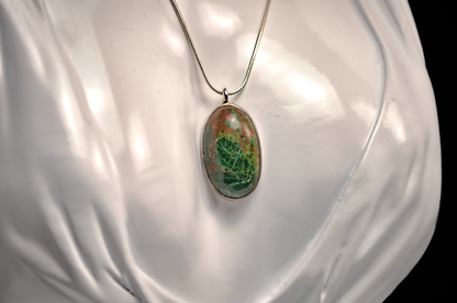 Dark Forest Green Sterling Silver Pendant With Copper Veining - Oval Cabochon Pendant Featuring Deep Green and Coppery Bronze Coloring