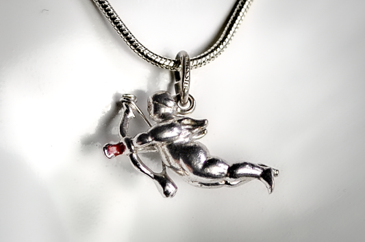 Vintage Wells Sterling Cupid With Bow Valentine's Charm - Sterling Silver Wells Cupid Red Enamel Arrow Pendant