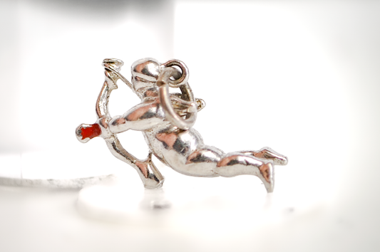 Vintage Wells Sterling Cupid With Bow Valentine's Charm - Sterling Silver Wells Cupid Red Enamel Arrow Pendant