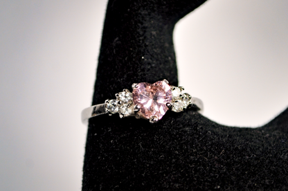 Vintage Size 11 Cubic Zirconia Pink Heart Statement Ring - Stunning Heart Pink Cubic Zirconia Sz 11
