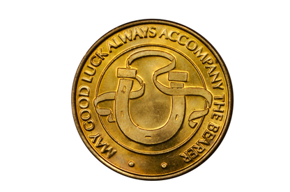 May Good Luck Always Accompany the Bearer Token - Vintage Good Luck Token: Horseshoe &amp; Ribbon, American Eagle Flag Reverse