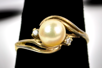 Vintage Sterling Silver Gold Plated Pearl Ring Size 6.5 - Mid-Century Sterling Silver Pearl Bypass Ring Size 6.5