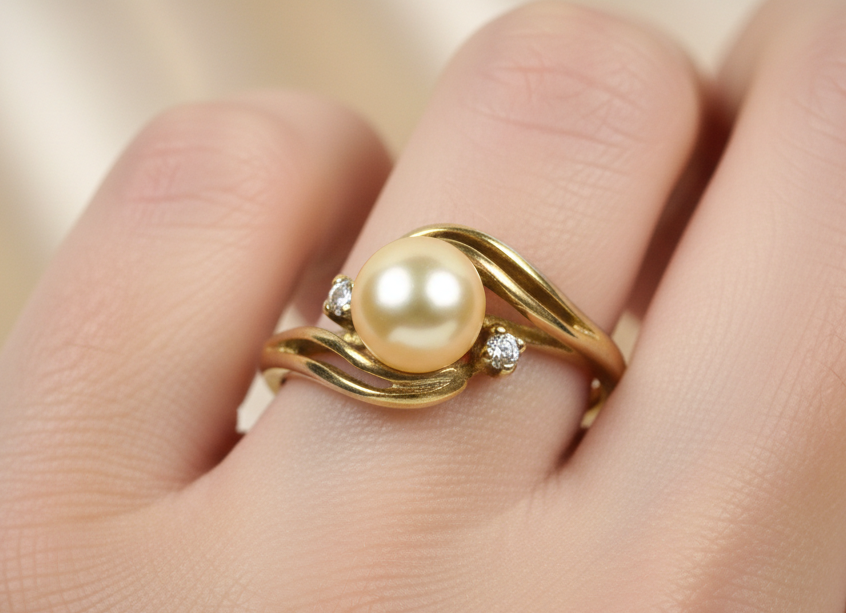 Vintage Sterling Silver Gold Plated Pearl Ring Size 6.5 - Mid-Century Sterling Silver Pearl Bypass Ring Size 6.5