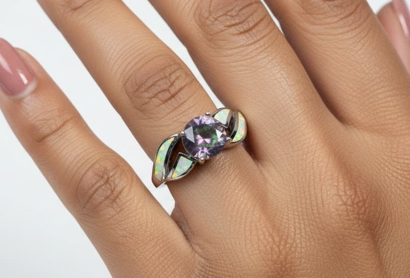 Elegant White Fire Opal and Rainbow Topaz Sterling Ring Size 9 - Size 9 Black Silver Rainbow Topaz and Fire Opal Ring