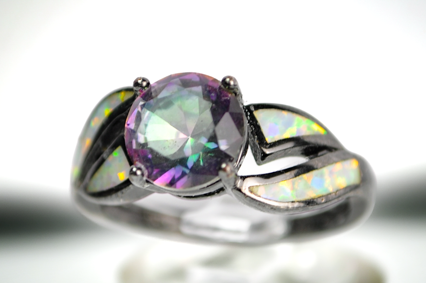 Elegant White Fire Opal and Rainbow Topaz Sterling Ring Size 9 - Size 9 Black Silver Rainbow Topaz and Fire Opal Ring