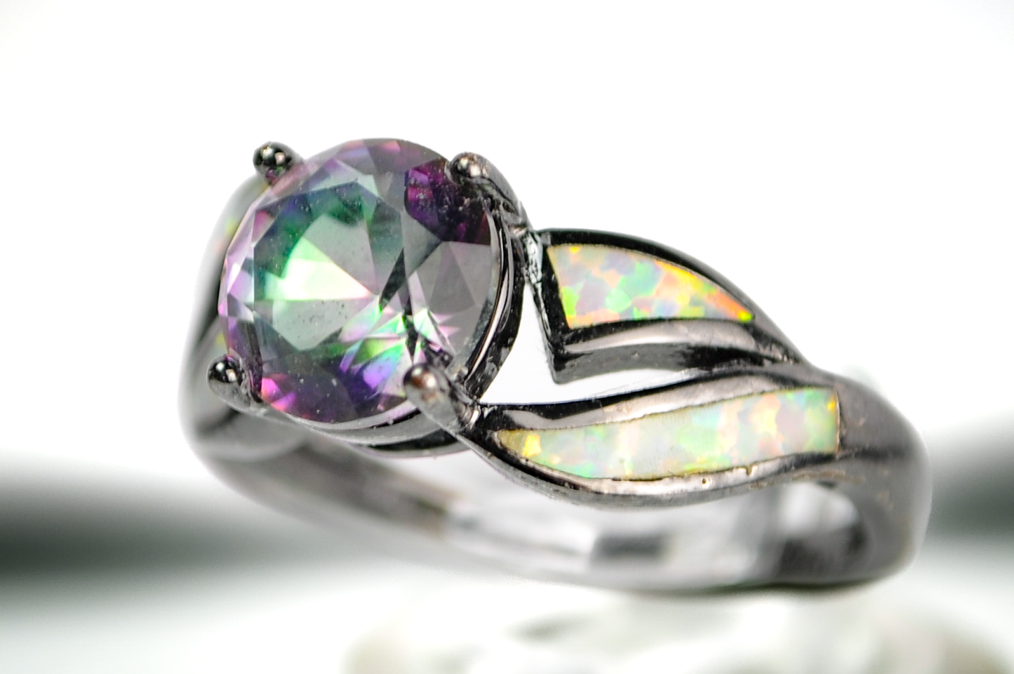 Elegant White Fire Opal and Rainbow Topaz Sterling Ring Size 9 - Size 9 Black Silver Rainbow Topaz and Fire Opal Ring
