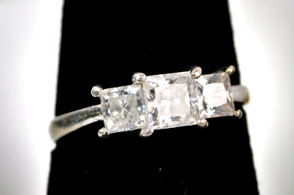 Three Stone Princess Cut CZ Diamond Sterling Silver Ring Size 7 - Elegant Princess Cut Ring in Sterling with Prong Setting SZ 7