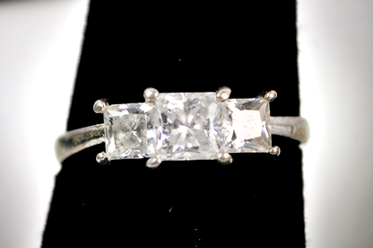 Three Stone Princess Cut CZ Diamond Sterling Silver Ring Size 7 - Elegant Princess Cut Ring in Sterling with Prong Setting SZ 7