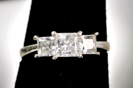 Three Stone Princess Cut CZ Diamond Sterling Silver Ring Size 7 - Elegant Princess Cut Ring in Sterling with Prong Setting SZ 7