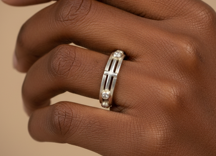 Size 8 Sterling Silver Ring with Central Cross and Bezel CZ Accents - 925 Sterling Silver Religious Cross Ring, Size 8