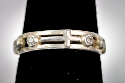 Size 8 Sterling Silver Ring with Central Cross and Bezel CZ Accents - 925 Sterling Silver Religious Cross Ring, Size 8