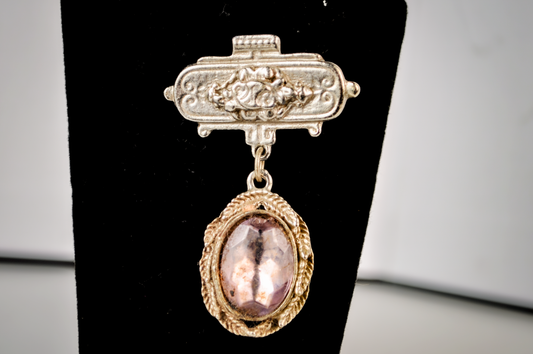 Vintage Silver Tone Lilac Cabochon Medallion Dangle Brooch Pin - Soft Lilac Purple Oval Stone Medallion Brooch Pin
