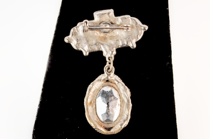 Vintage Silver Tone Lilac Cabochon Medallion Dangle Brooch Pin - Soft Lilac Purple Oval Stone Medallion Brooch Pin