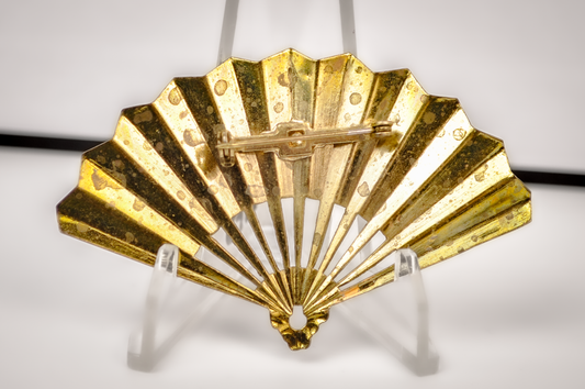 Vintage Solid Brass Oriental Style Hand Fan Brooch - Mid-Century Decorative Brass Fan Brooch