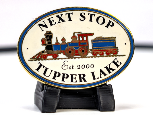 Next Stop Tupper Lake Vintage Enamel Souvenir Pin - Locomotive Steam Engine Tupper Lake Pin