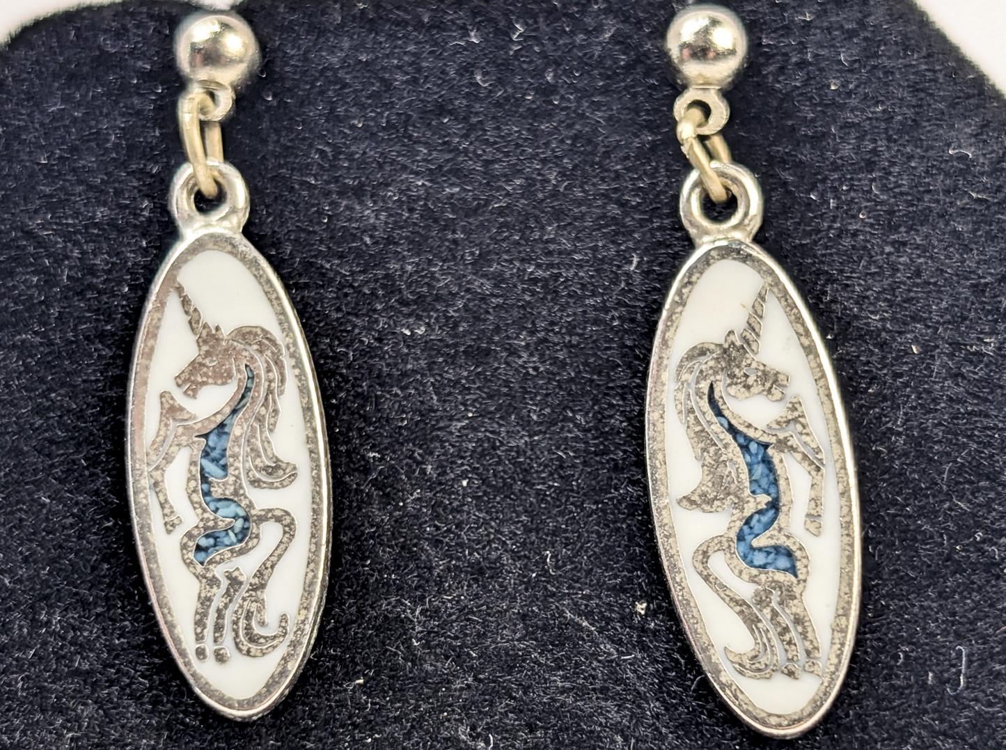 Unicorn Turquoise Inlay Pair of Dangle Earrings - Oval Dangle Unicorn Earrings with Turquoise Inlay