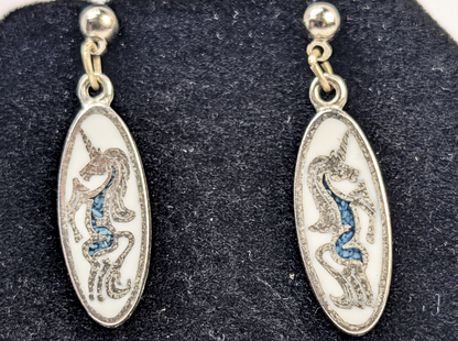 Unicorn Turquoise Inlay Pair of Dangle Earrings - Oval Dangle Unicorn Earrings with Turquoise Inlay