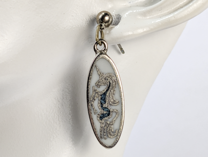 Unicorn Turquoise Inlay Pair of Dangle Earrings - Oval Dangle Unicorn Earrings with Turquoise Inlay