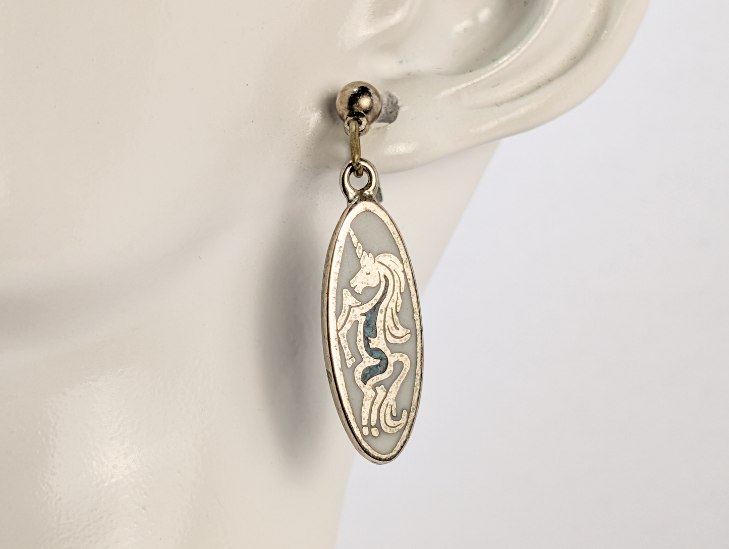 Unicorn Turquoise Inlay Pair of Dangle Earrings - Oval Dangle Unicorn Earrings with Turquoise Inlay