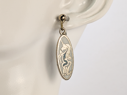 Unicorn Turquoise Inlay Pair of Dangle Earrings - Oval Dangle Unicorn Earrings with Turquoise Inlay