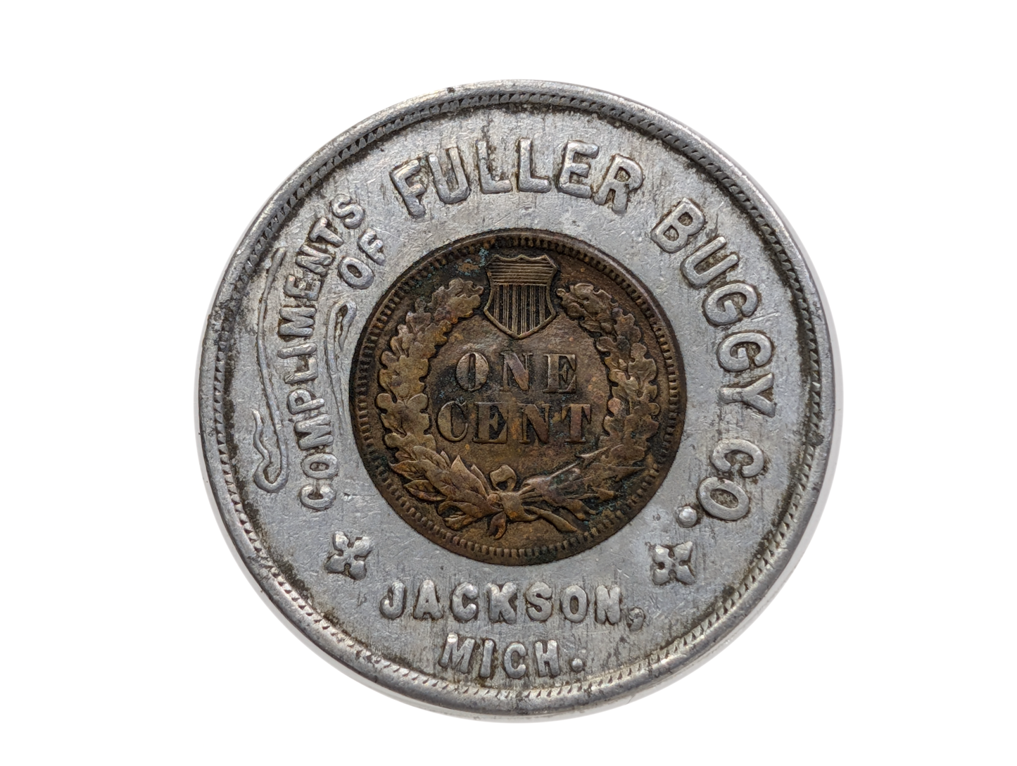 1906 Fuller Buggy Co Encased Indian Head Lucky Penny - Good Luck Charm 1906 Encased Penny