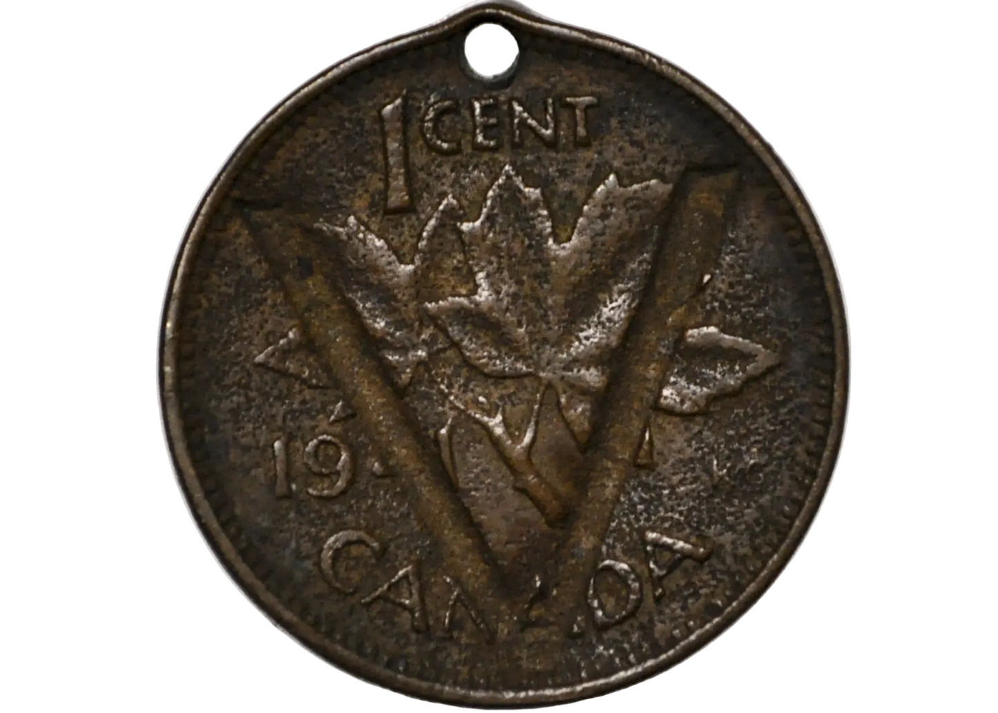 1941 Canadian One Cent Countermarked 'V' and Holed - Canadian One Cent Counter Stamped & Holed