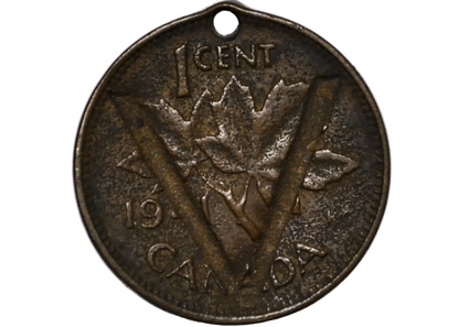 1941 Canadian One Cent Countermarked 'V' and Holed - Canadian One Cent Counter Stamped & Holed
