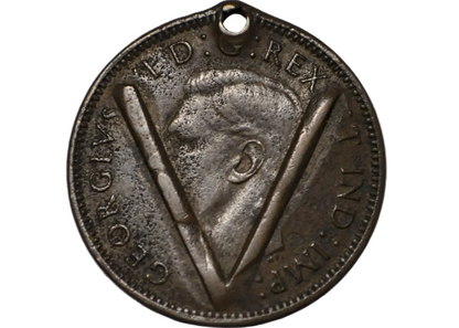 1941 Canadian One Cent Countermarked 'V' and Holed - Canadian One Cent Counter Stamped & Holed