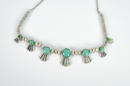 Chicos Faux Turquoise Silver-Toned Southwestern Fan Statement Necklace - Chunky Saucer Bead Blue/Green Stone Southwestern Jewelry