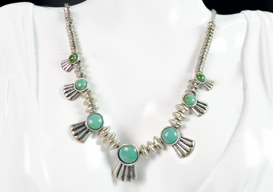 Chicos Faux Turquoise Silver-Toned Southwestern Fan Statement Necklace - Chunky Saucer Bead Blue/Green Stone Southwestern Jewelry