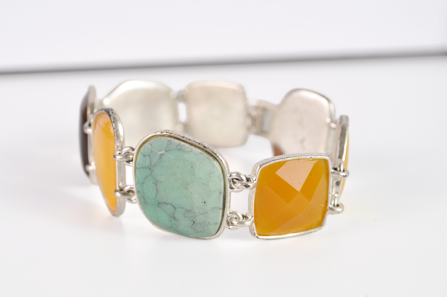 Vintage Multi-Gemstone Link Costume Jewelry Bracelet - Earth-Toned Multi-Gemstone Cabochon Bracelet