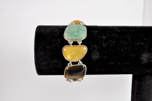 Vintage Multi-Gemstone Link Costume Jewelry Bracelet - Earth-Toned Multi-Gemstone Cabochon Bracelet