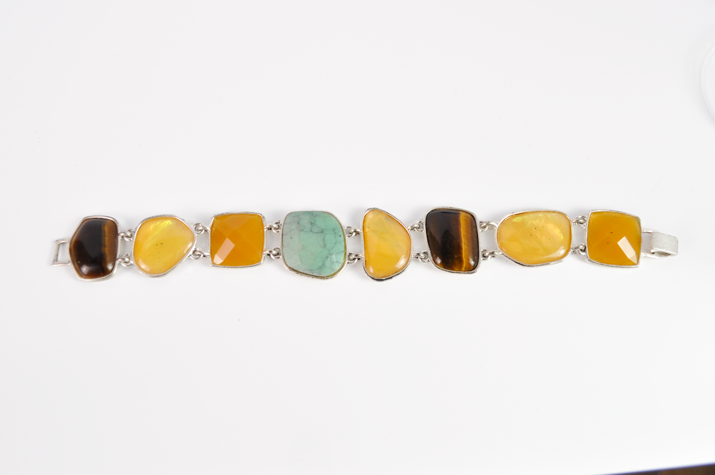 Vintage Multi-Gemstone Link Costume Jewelry Bracelet - Earth-Toned Multi-Gemstone Cabochon Bracelet