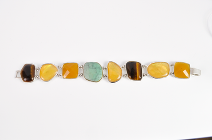 Vintage Multi-Gemstone Link Costume Jewelry Bracelet - Earth-Toned Multi-Gemstone Cabochon Bracelet