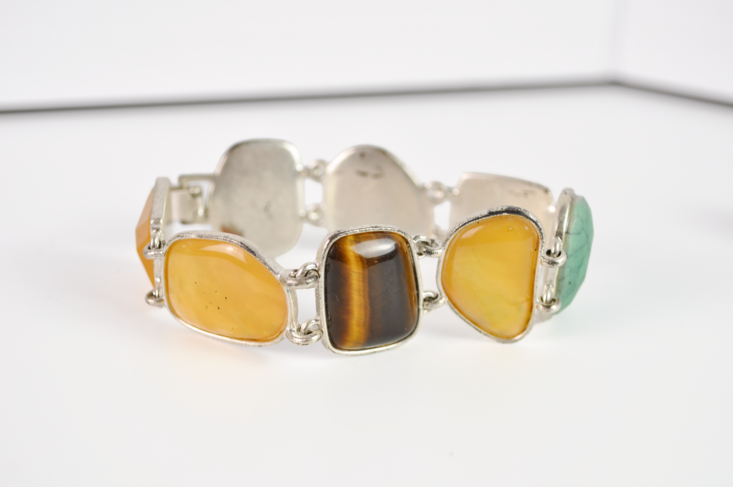 Vintage Multi-Gemstone Link Costume Jewelry Bracelet - Earth-Toned Multi-Gemstone Cabochon Bracelet