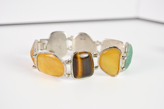 Vintage Multi-Gemstone Link Costume Jewelry Bracelet - Earth-Toned Multi-Gemstone Cabochon Bracelet