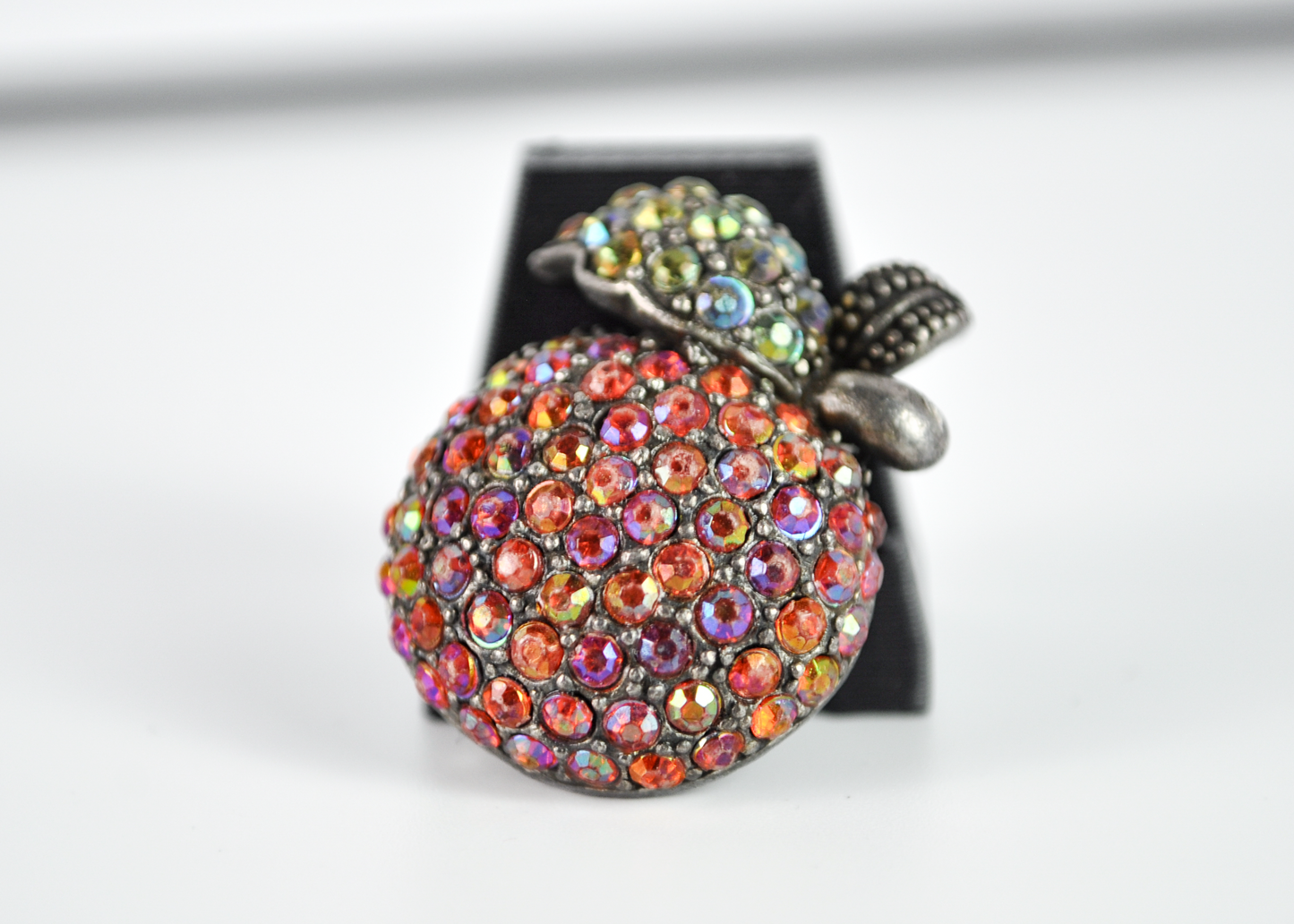 Vintage Iridescent Multi-Color Rhinestone Apple Brooch Pin - Mid-Century Encrusted Crystal Fruit Statement Pin