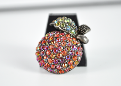 Vintage Iridescent Multi-Color Rhinestone Apple Brooch Pin - Mid-Century Encrusted Crystal Fruit Statement Pin