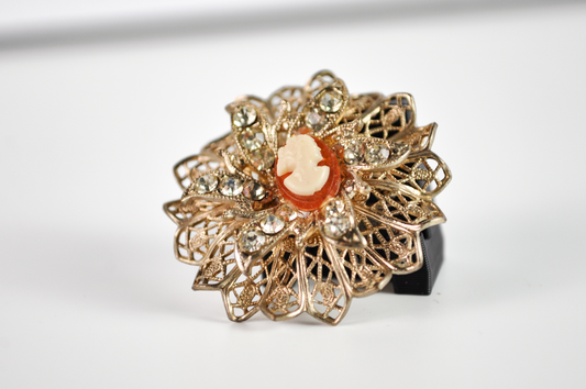 Gold Flower Filigree Cameo Brooch with Rhinestones - Floral Wirework Cameo Costume Statement Pin