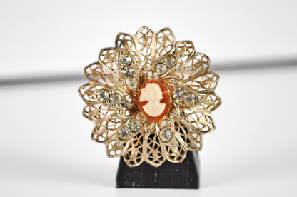 Gold Flower Filigree Cameo Brooch with Rhinestones - Floral Wirework Cameo Costume Statement Pin