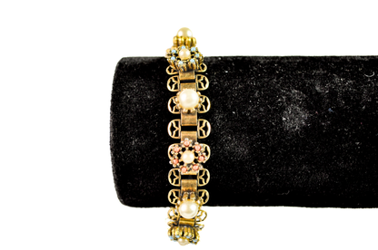 Vintage Renaissance Faux Pearls Bracelet Gold Tone Book Chain Link - 1950s Renaissance Revival Pearl Rosette Bracelet Pastel