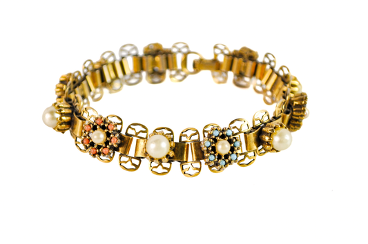 Vintage Renaissance Faux Pearls Bracelet Gold Tone Book Chain Link - 1950s Renaissance Revival Pearl Rosette Bracelet Pastel