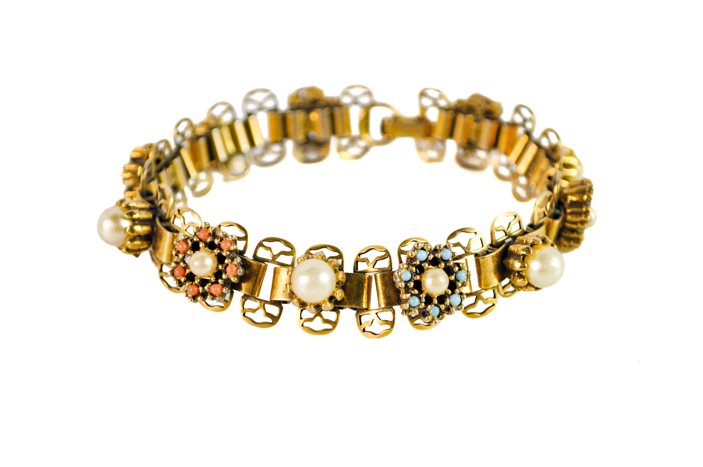 Vintage Renaissance Faux Pearls Bracelet Gold Tone Book Chain Link - 1950s Renaissance Revival Pearl Rosette Bracelet Pastel