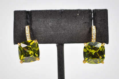 Vintage Cushion Cut Green Square Gemstone Dangle Earrings - Olive Green Cushion-Cut Cubic Zirconia Drop Earrings