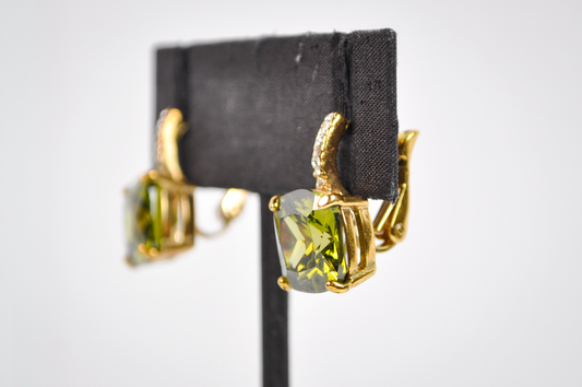 Vintage Cushion Cut Green Square Gemstone Dangle Earrings - Olive Green Cushion-Cut Cubic Zirconia Drop Earrings