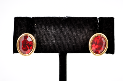 80s Vintage Swarovski SAL Gold Bezel Red Crystal Earrings - Vintage Swarovski SAL Ruby Red Crystal Oval Bezel Stud Earrings