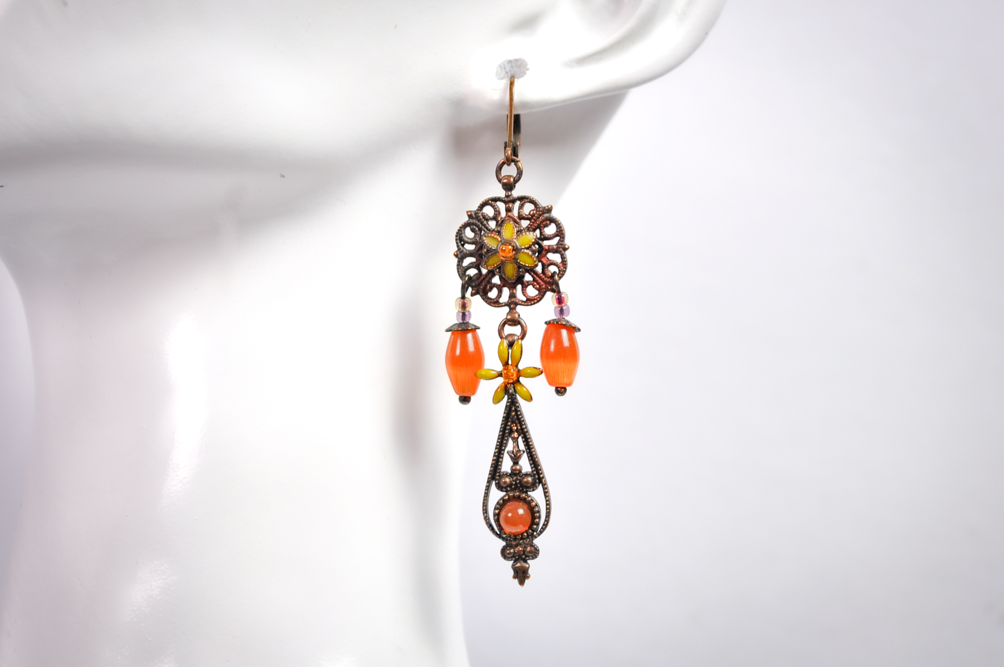 Copper Floral Orange & Yellow Dangles Earrings - Glass Orange Beaded Earrings Autumn Statement Jewelry