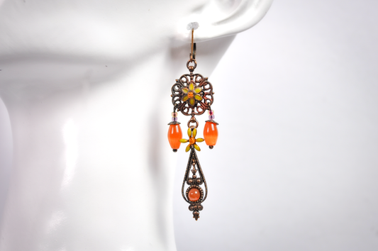 Copper Floral Orange & Yellow Dangles Earrings - Glass Orange Beaded Earrings Autumn Statement Jewelry