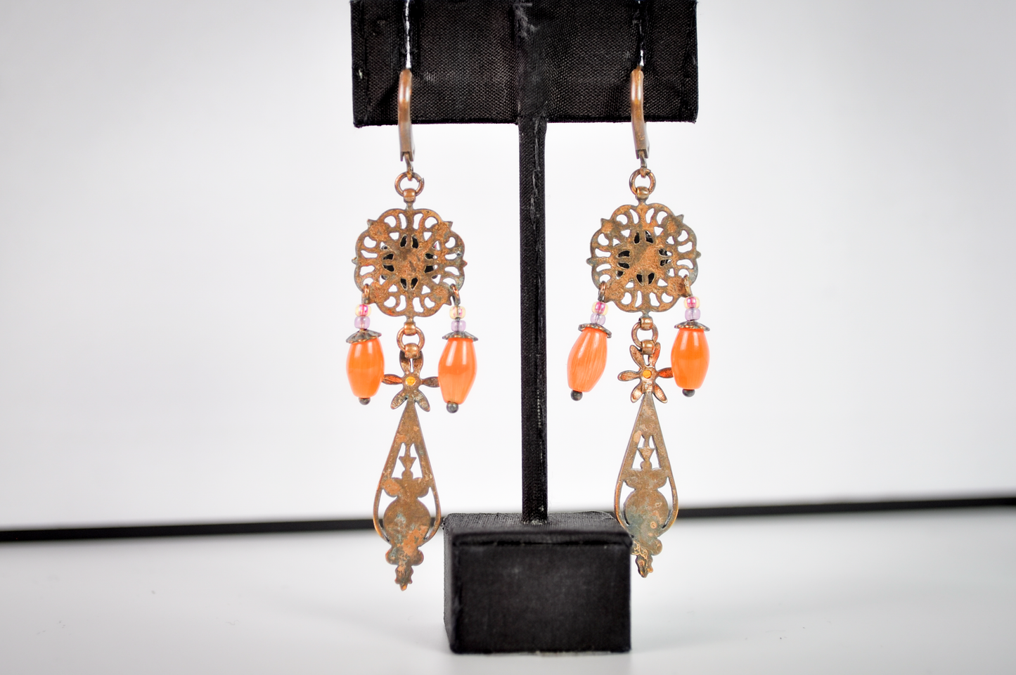 Copper Floral Orange & Yellow Dangles Earrings - Glass Orange Beaded Earrings Autumn Statement Jewelry