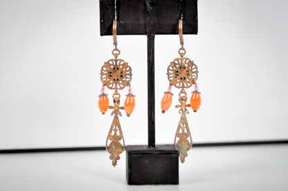 Copper Floral Orange & Yellow Dangles Earrings - Glass Orange Beaded Earrings Autumn Statement Jewelry